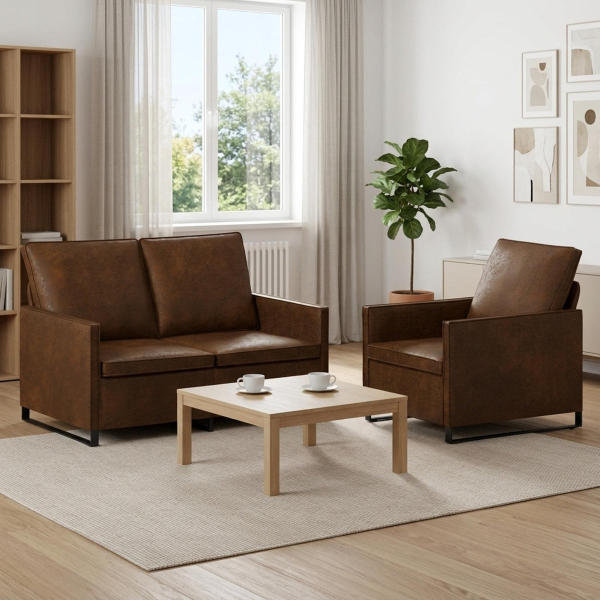 Sofa Set 2 pcs Brown Faux Suede Fabric