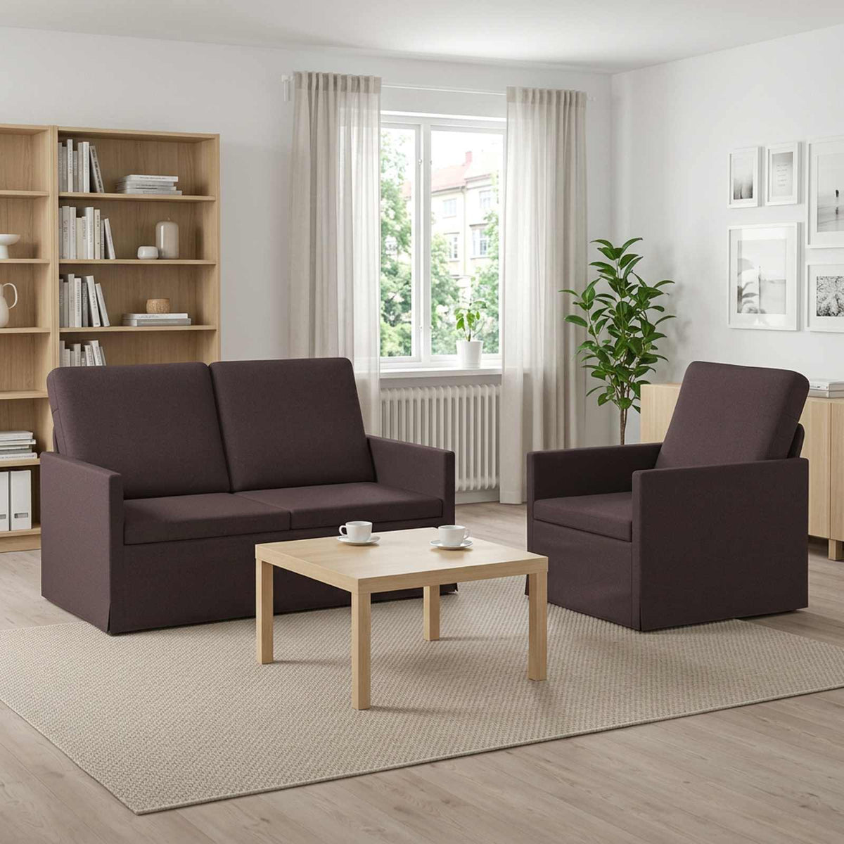 Sofa Set 2 pcs Dark Brown Fabric