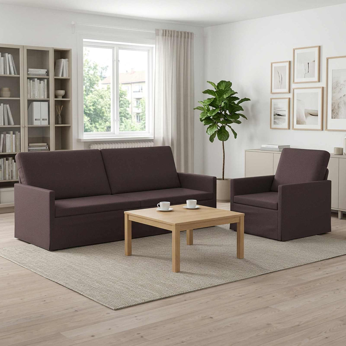 Sofa Set 2 pcs Dark Brown Fabric