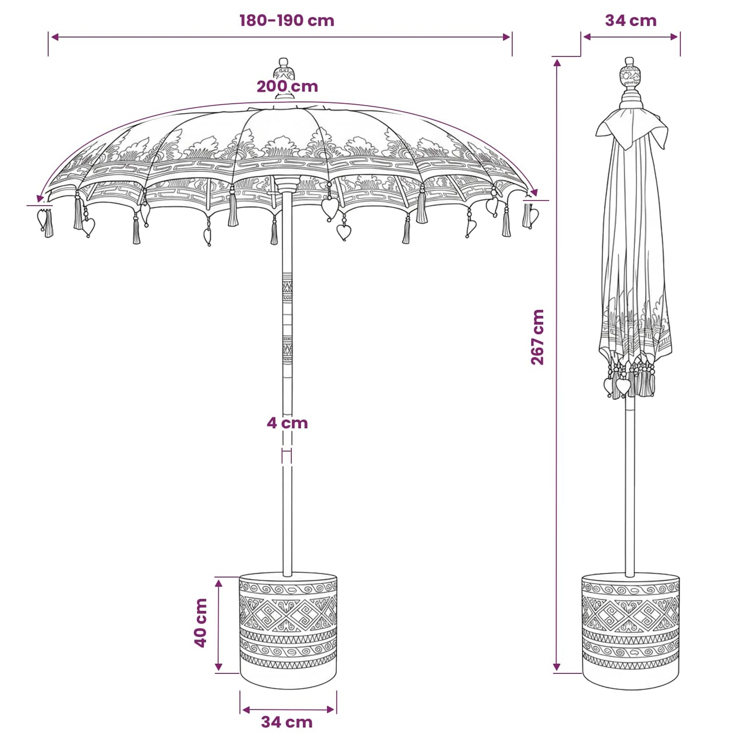 Balinese Parasol with Base 260 190 x 190 x 295 cm Red and Brown