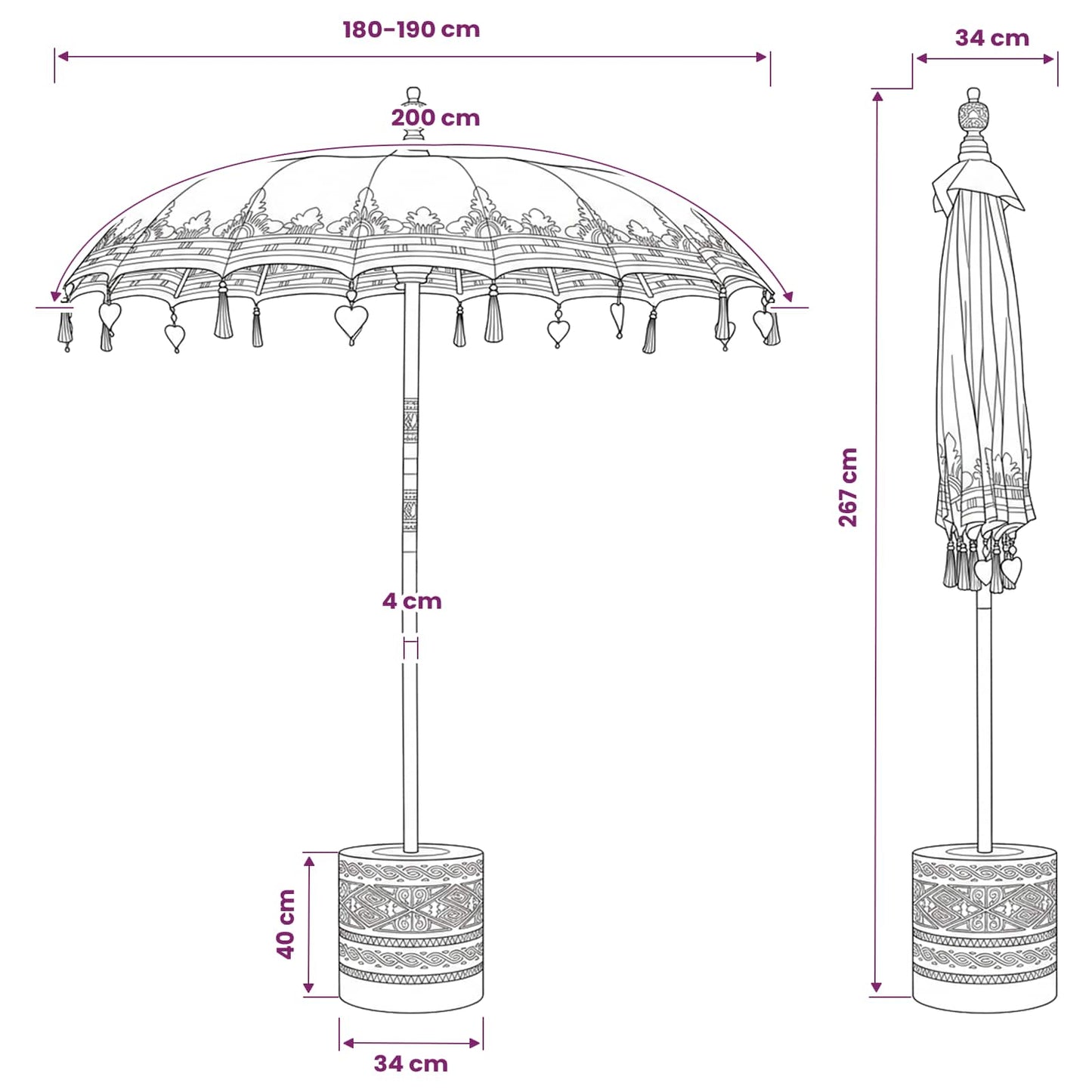 Balinese Parasol with Base 190 x 190 x 295 cm Yellow and Brown