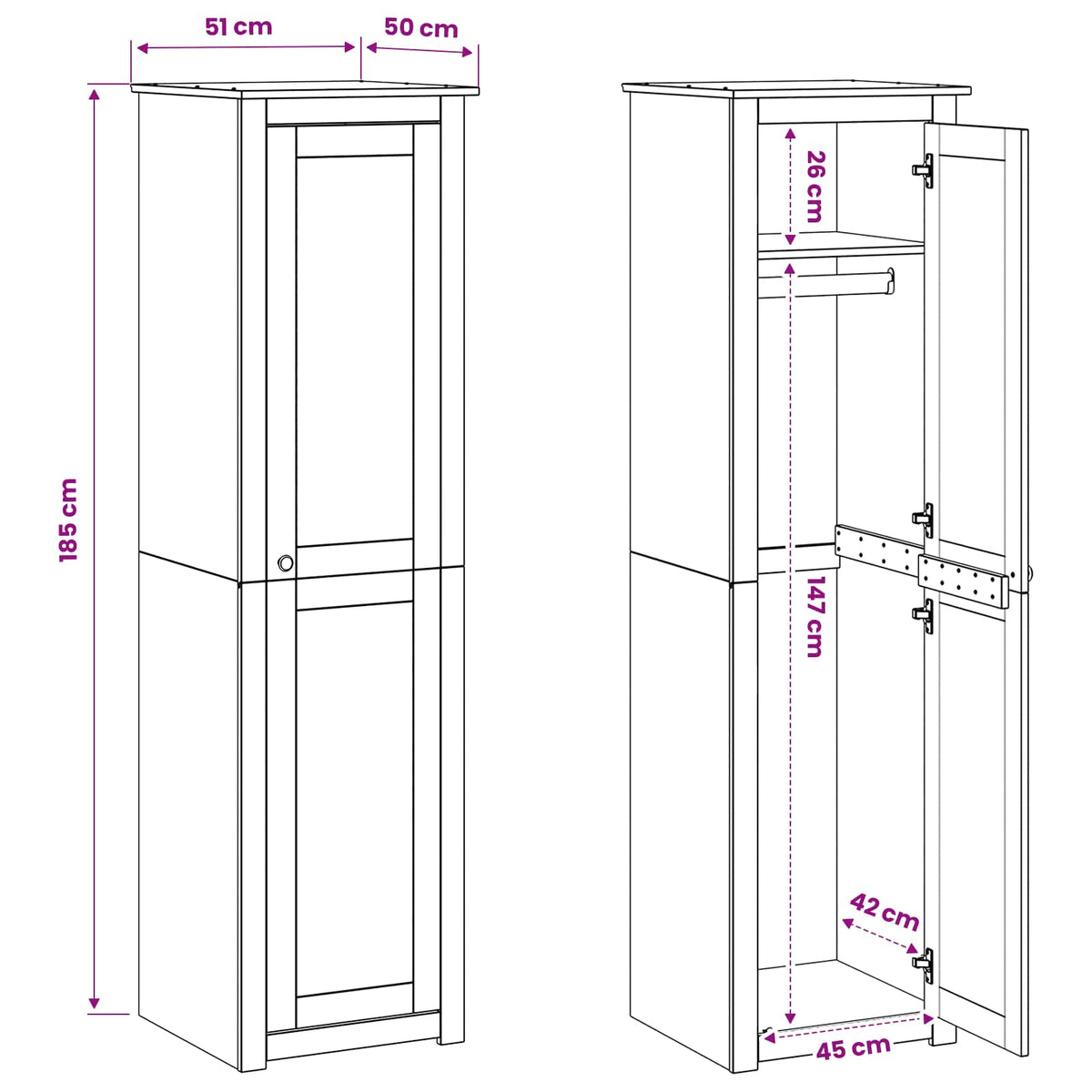 Wardrobe PANAMA Honey 51 x 50 x 185 cm Solid Pine Wood