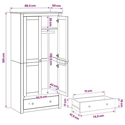 Wardrobe PANAMA Honey 88.5 x 50 x 185 cm Solid Pine Wood