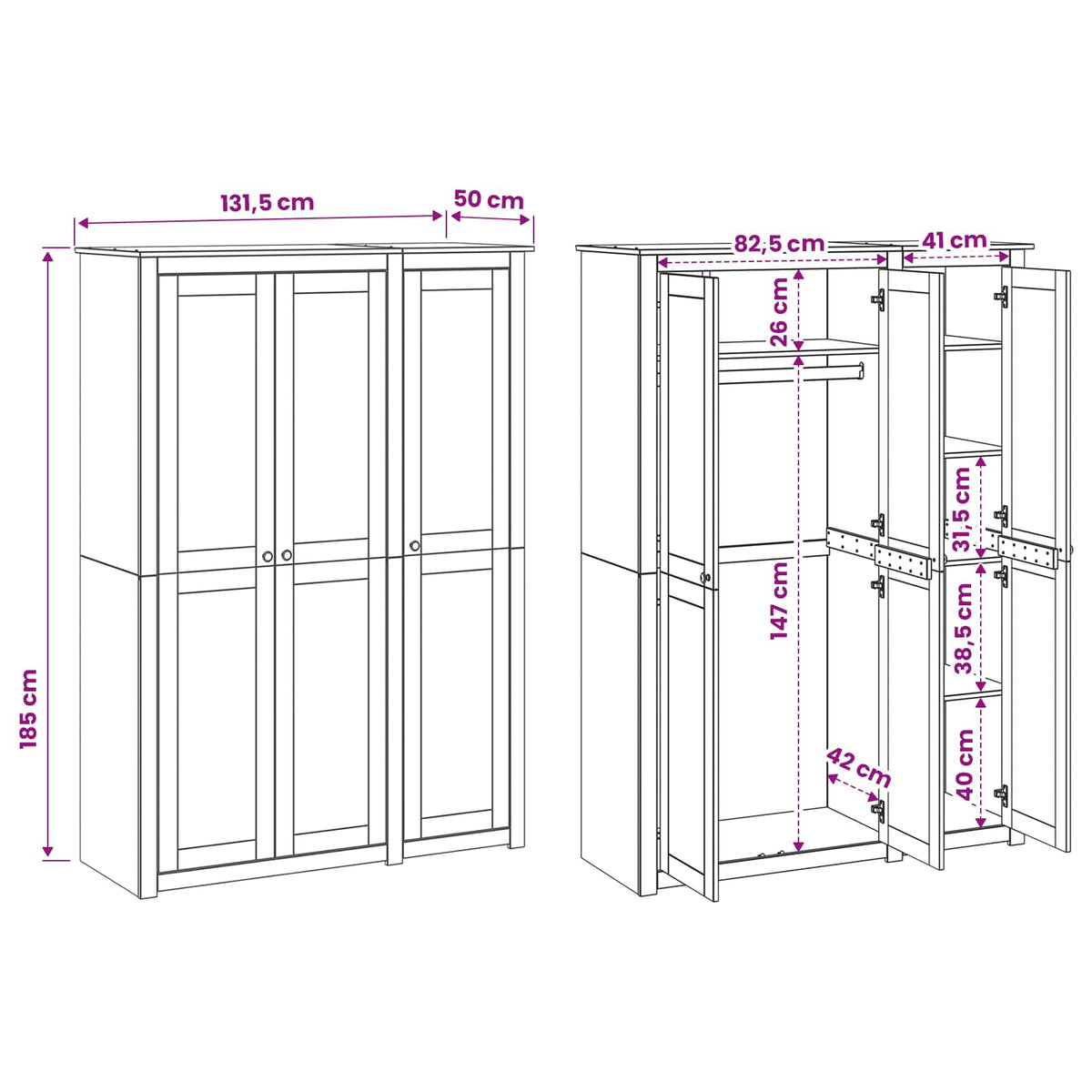 Wardrobe PANAMA Honey 131.5 x 50 x 185 cm Solid Pine Wood