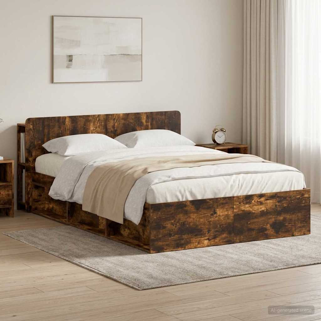 Bed Frame with Storage Smoked Oak 140 x 190 cm Engineered Wood