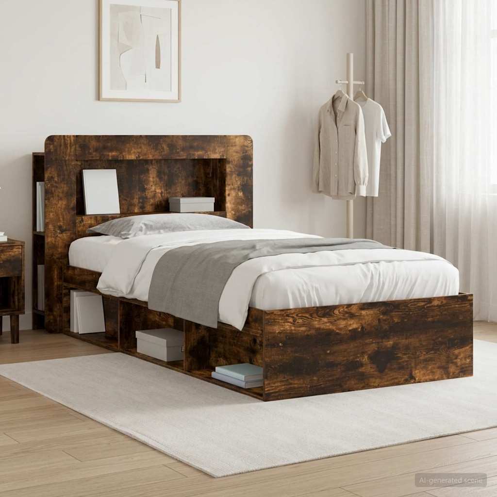 Bed Frame with Storage Smoked Oak 90 x 190 cm Engineered Wood
