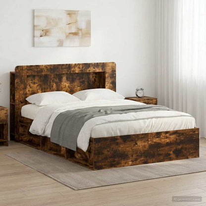 Bed Frame with Storage Smoked Oak 140 x 190 cm Engineered Wood