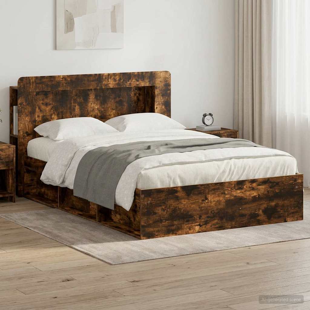 Bed Frame with Storage Smoked Oak 140 x 200 cm Engineered Wood