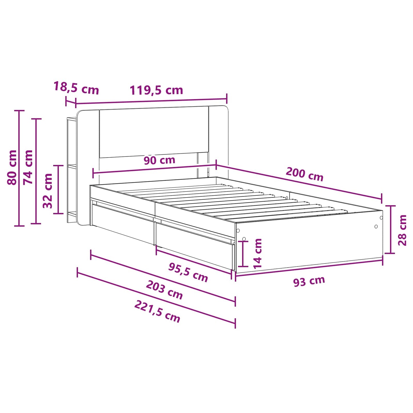 Bed Frame with Storage Smoked Oak 90 x 200 cm Engineered Wood