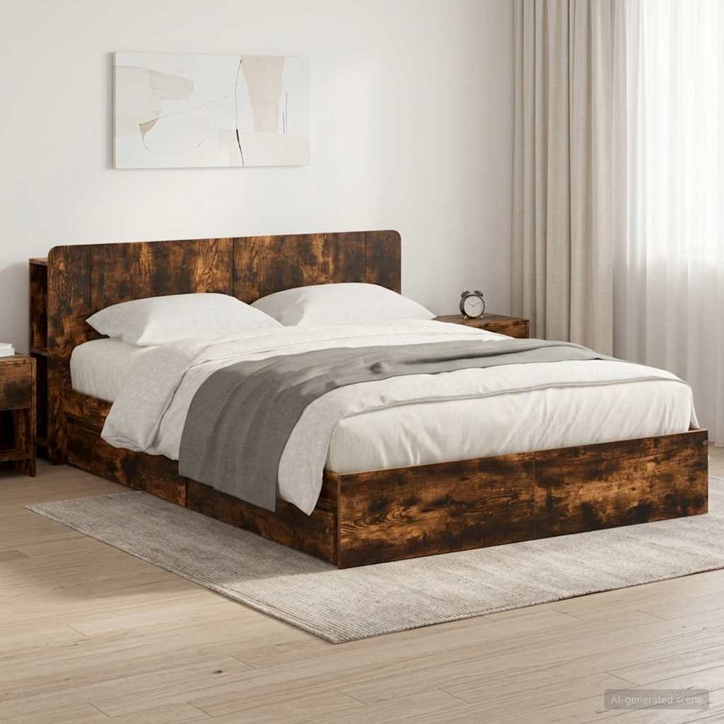 Bed Frame with Storage Smoked Oak 135 x 190 cm Engineered Wood