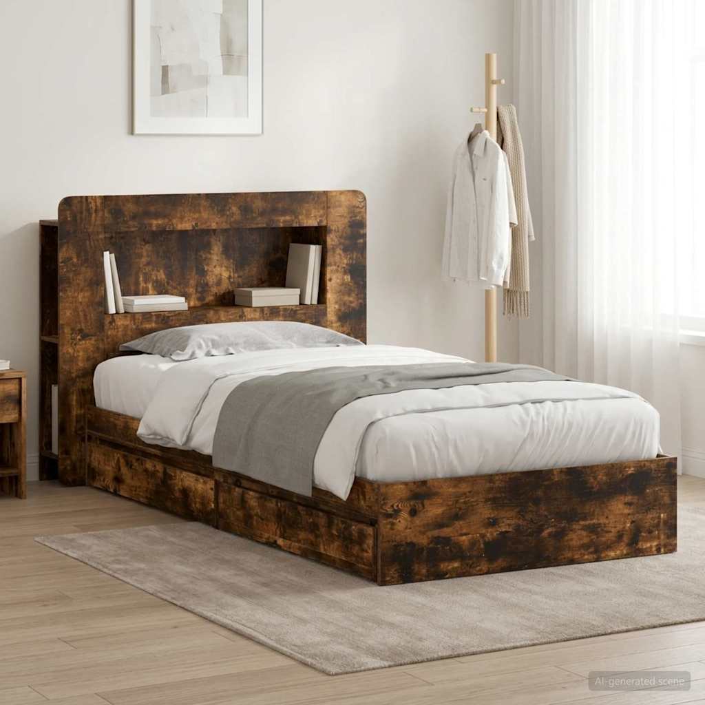 Bed Frame with Storage Smoked Oak 75 x 190 cm Engineered Wood