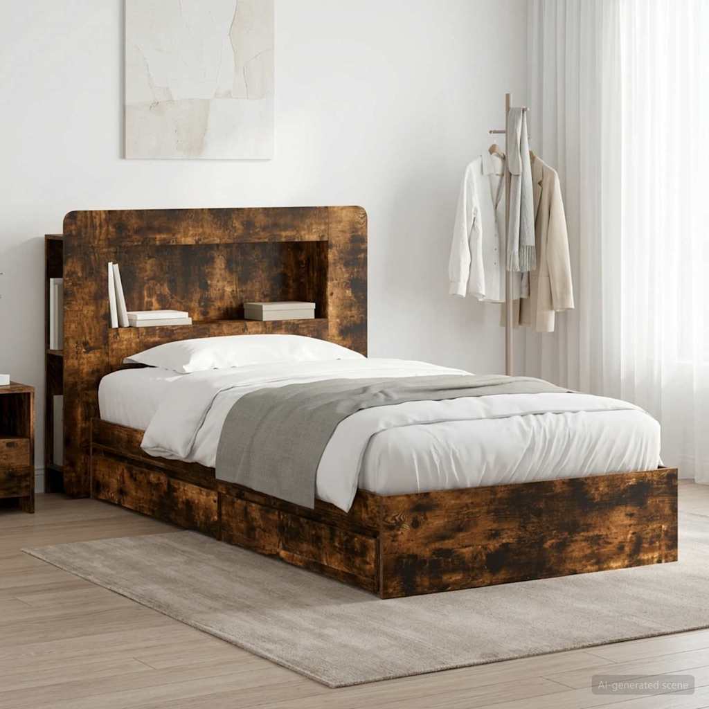 Bed Frame with Storage Smoked Oak 90 x 190 cm Engineered Wood
