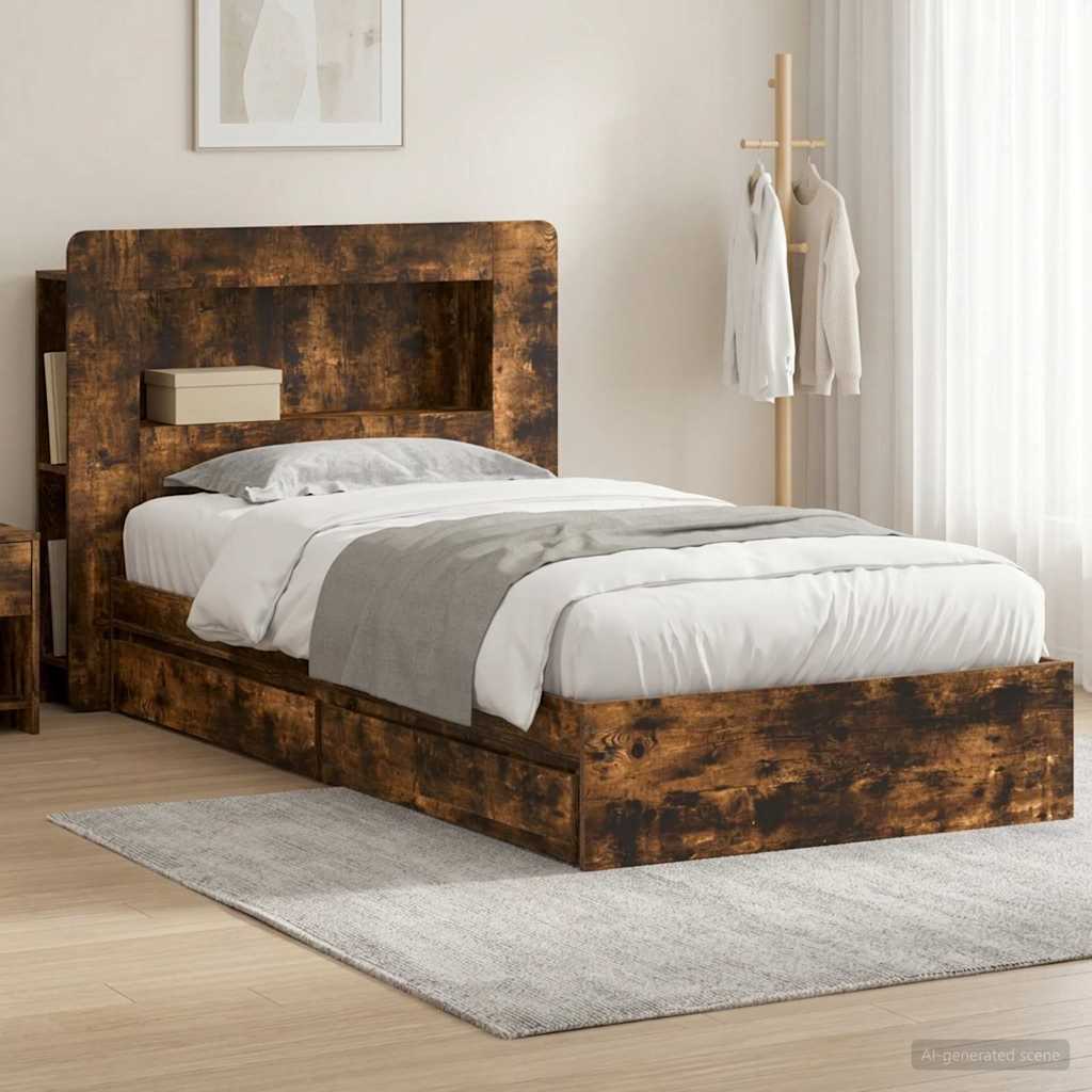 Bed Frame with Storage Smoked Oak 90 x 200 cm Engineered Wood
