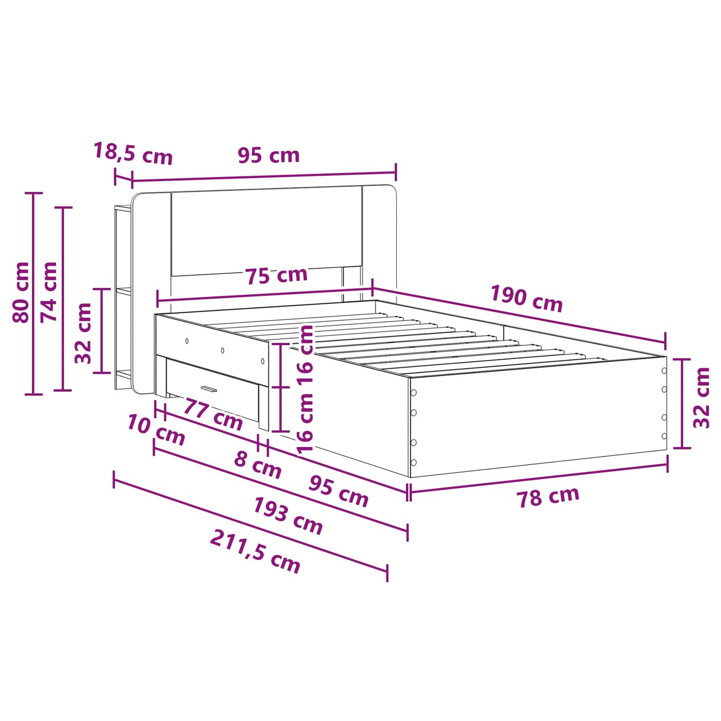 Bed Frame with Storage Smoked Oak 75 x 190 cm Engineered Wood