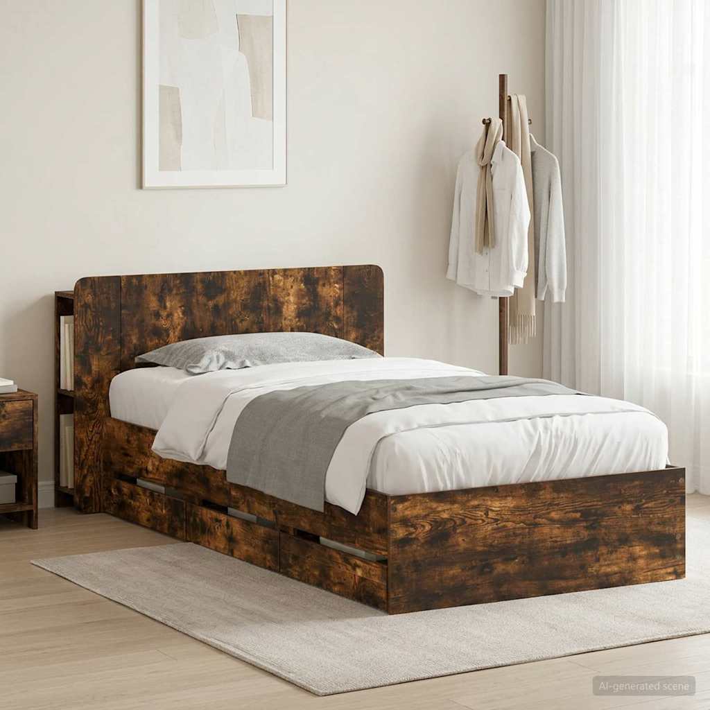 Bed Frame with Storage and Headboard Smoked Oak 75 x 190 cm