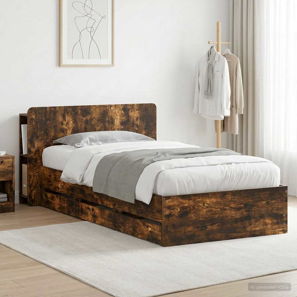 Bed Frame with Storage and Headboard Smoked Oak 80 x 200 cm