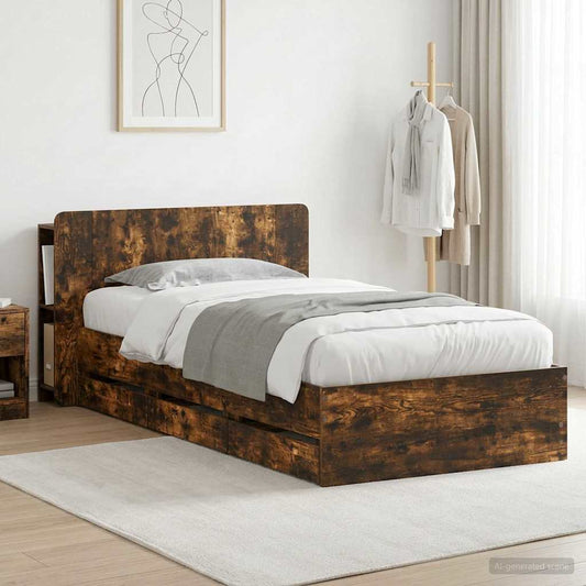 Bed Frame with Storage and Headboard Smoked Oak 80 x 200 cm