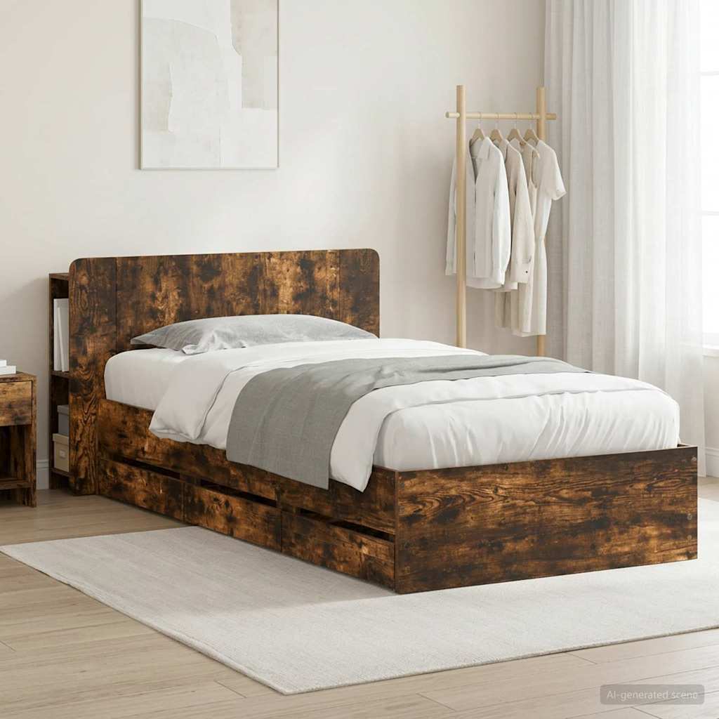 Bed Frame with Storage and Headboard Smoked Oak 90 x 190 cm