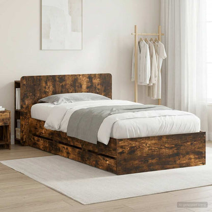 Bed Frame with Storage and Headboard Smoked Oak 90 x 190 cm
