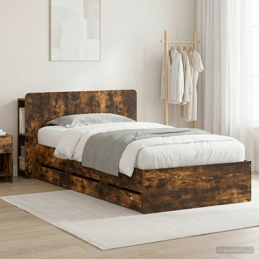 Bed Frame with Storage and Headboard Smoked Oak 90 x 190 cm