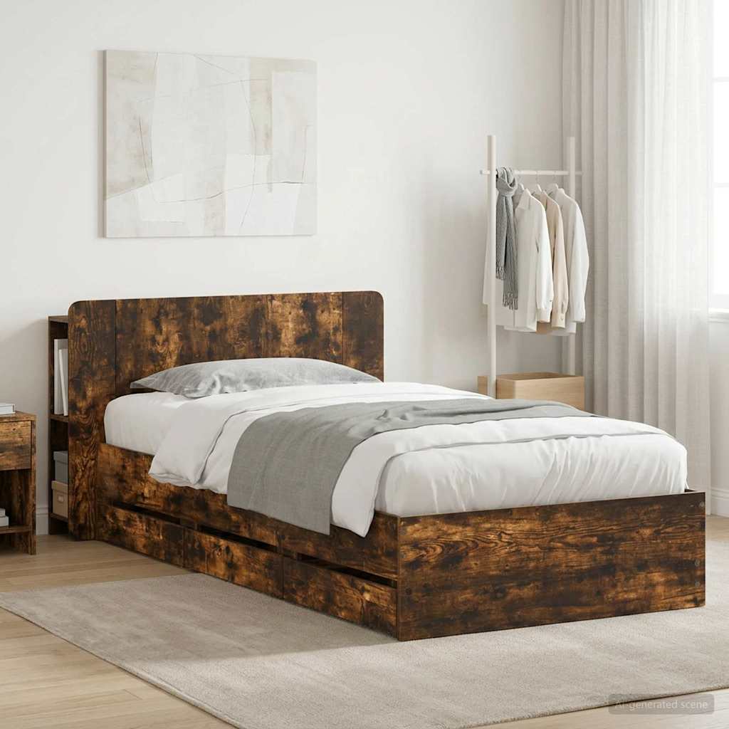 Bed Frame with Storage and Headboard Smoked Oak 100 x 200 cm