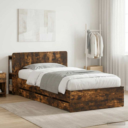 Bed Frame with Storage and Headboard Smoked Oak 100 x 200 cm