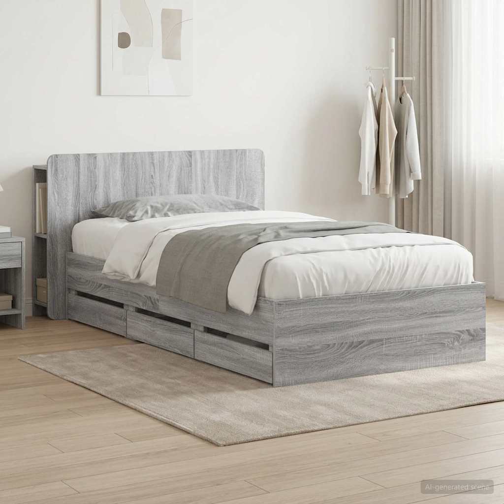 Bed Frame with Storage and Headboard Grey Sonoma 90 x 200 cm