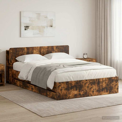 Bed Frame with Storage and Headboard Smoked Oak 135 x 190 cm