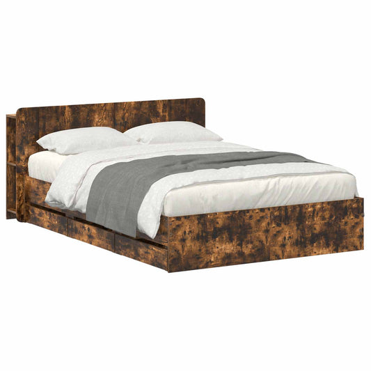Bed Frame with Storage and Headboard Smoked Oak 135 x 190 cm