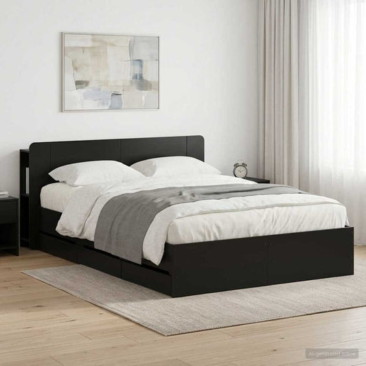 Bed Frame with Storage and Headboard Black 150 x 200 cm