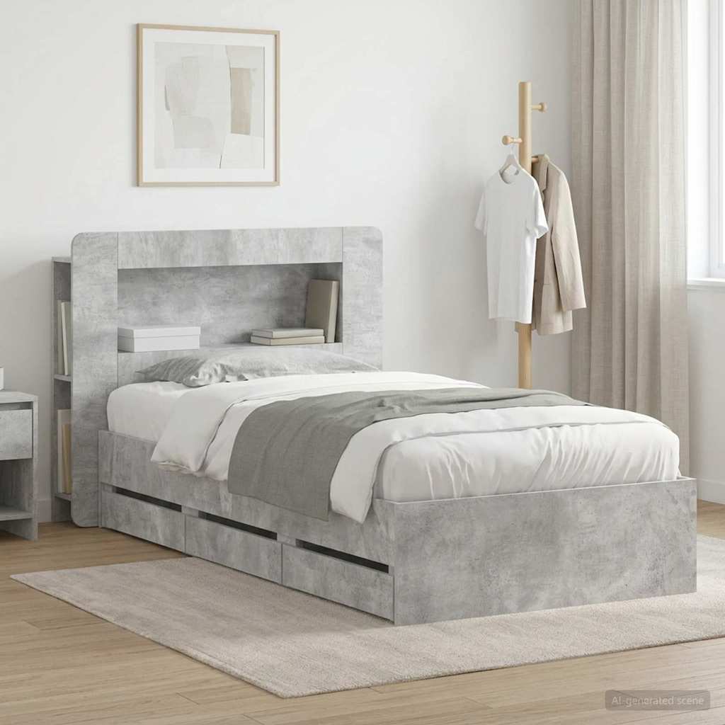 Bed Frame with Storage and Headboard Concrete Grey 75 x 190 cm