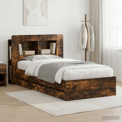 Bed Frame with Storage and Headboard Smoked Oak 75 x 190 cm