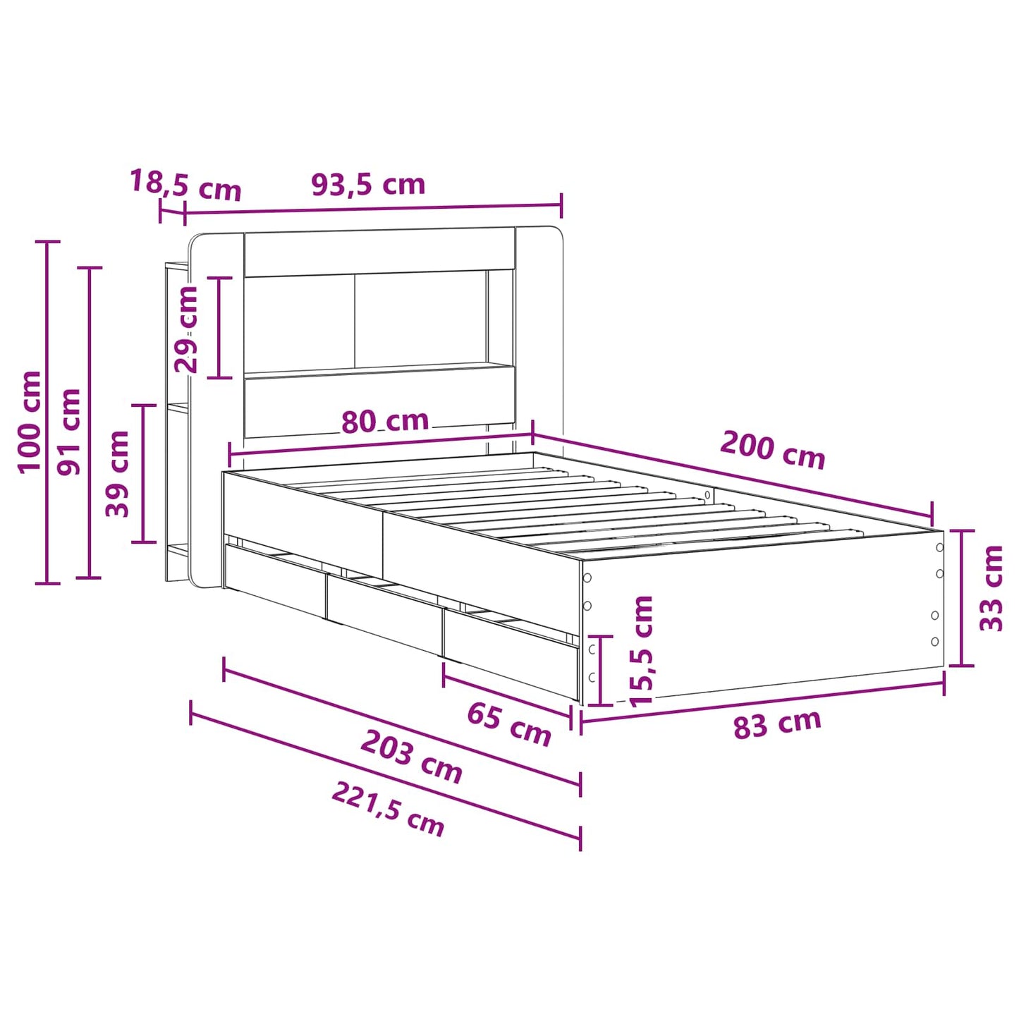 Bed Frame with Storage Sonoma Oak 80 x 200 cm Engineered Wood