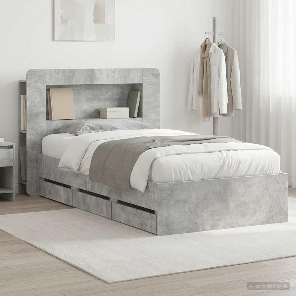 Bed Frame with Storage and Headboard Concrete Grey 90 x 190 cm