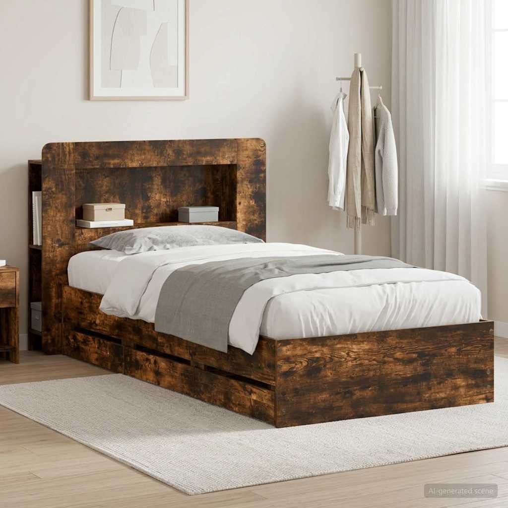 Bed Frame with Storage Smoked Oak 90 x 200 cm Engineered Wood