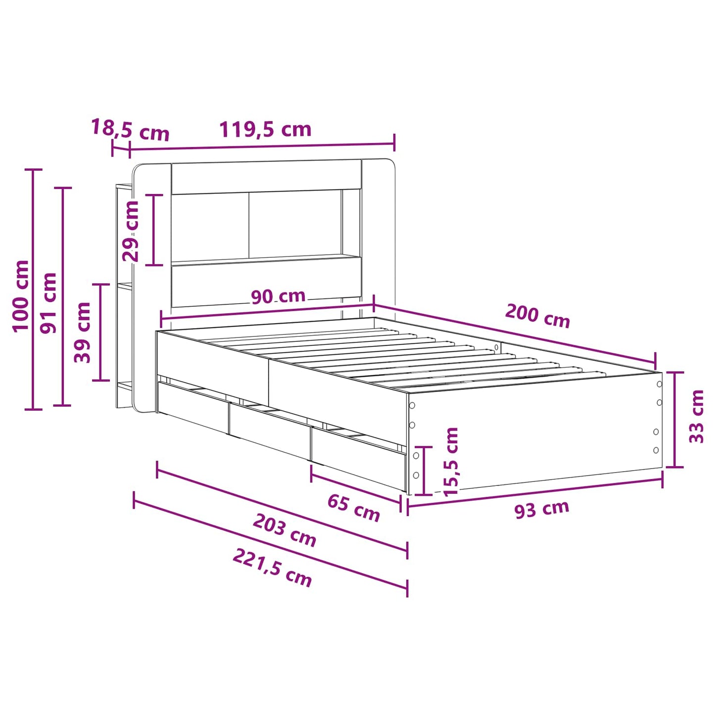 Bed Frame with Storage Smoked Oak 90 x 200 cm Engineered Wood
