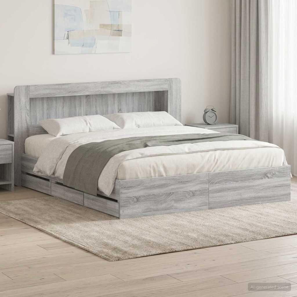 Bed Frame with Storage and Headboard Grey Sonoma 200 x 200 cm