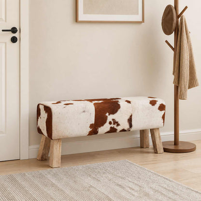 Bench 110 x 30 x 45 cm Real Leather Brown and White
