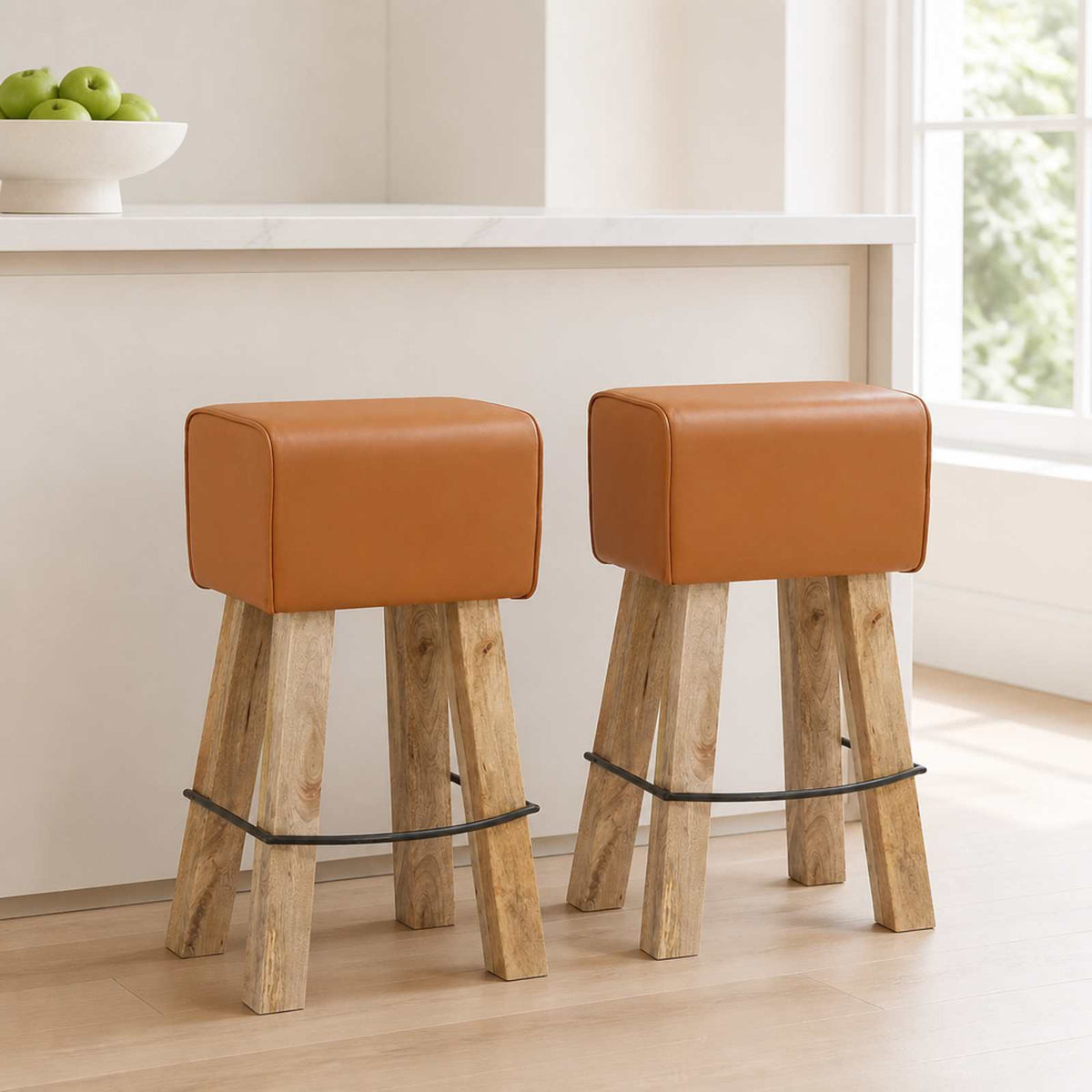 Bar Stool 2 pcs Brown 44 x 33 x 74 cm Real Leather