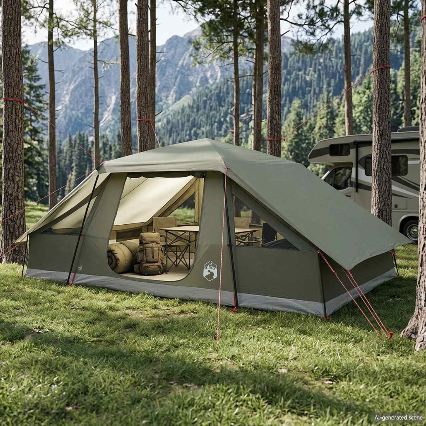 Family Tent with Rainfly Water-resistant 10-Person Army Green