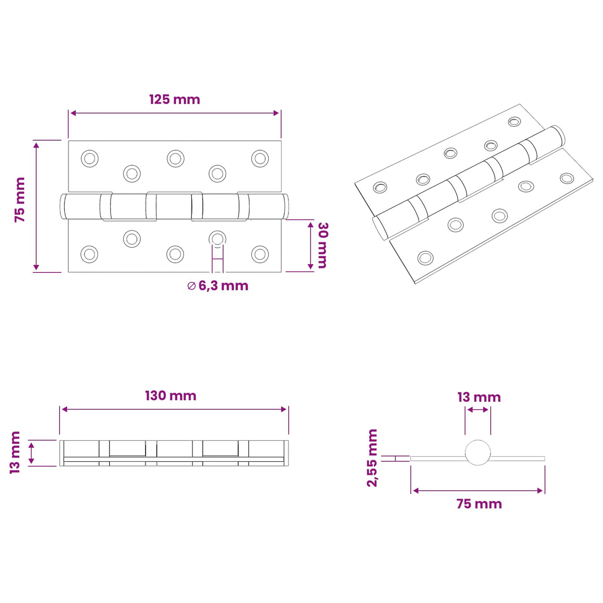 Hinge 4 pcs 125 x 75 x 13 mm Silver Steel