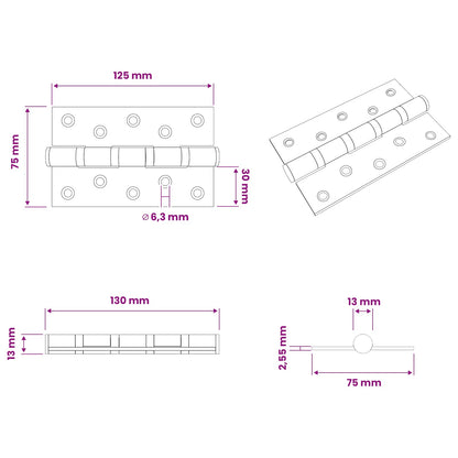Hinge 4 pcs 125 x 75 x 13 mm Silver Steel