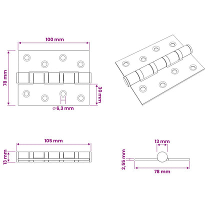 Hinge 8 pcs 100 x 78 x 13 mm Silver Steel
