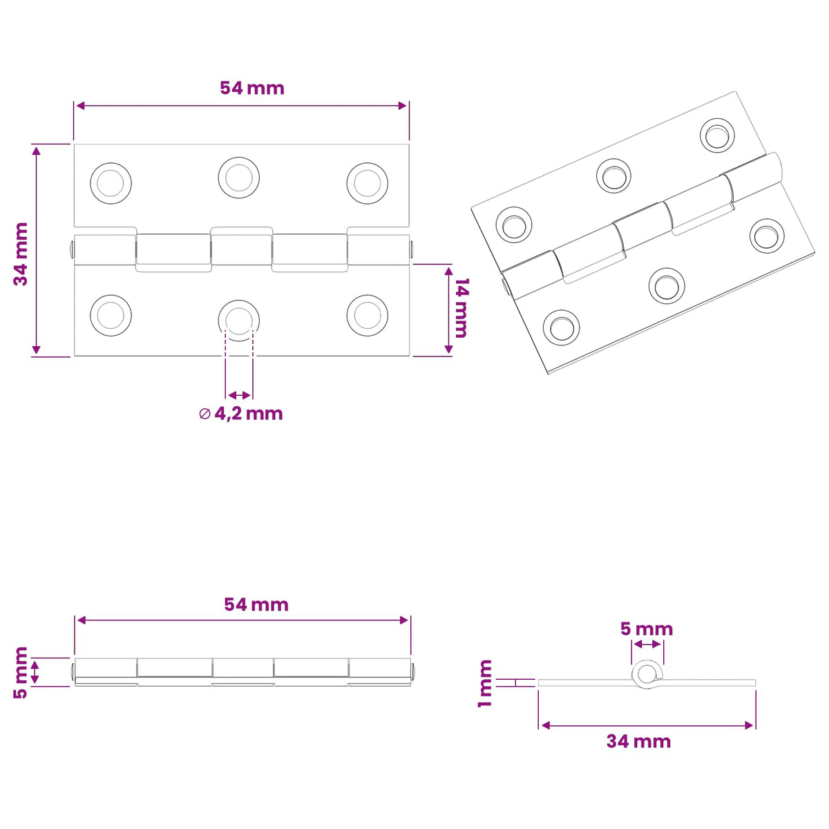 Hinge 12 pcs 54 x 34 x 5 mm Silver Steel