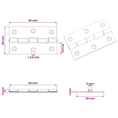 Hinge 12 pcs 66 x 38 x 5 mm Silver Steel