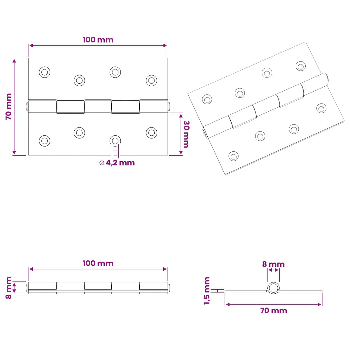 Hinge 12 pcs 100 x 70 x 8 mm Silver Steel