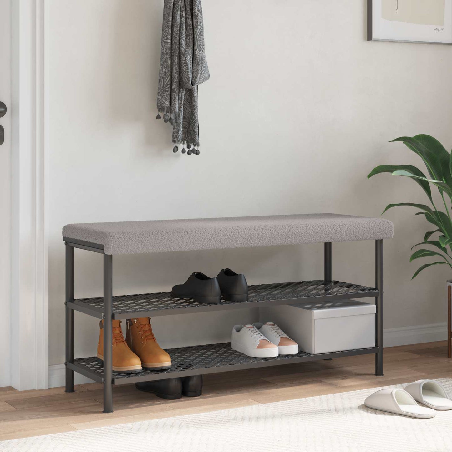 Bench Cushion Sherpa Fabric Light Grey Depth 35 cm