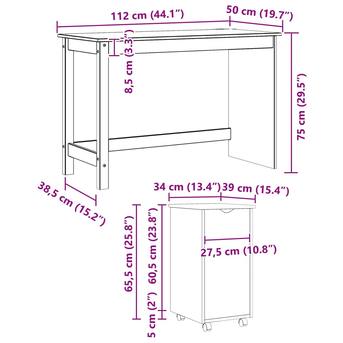 Desk Cabinet Set 2 pcs Black Solid Pine Wood