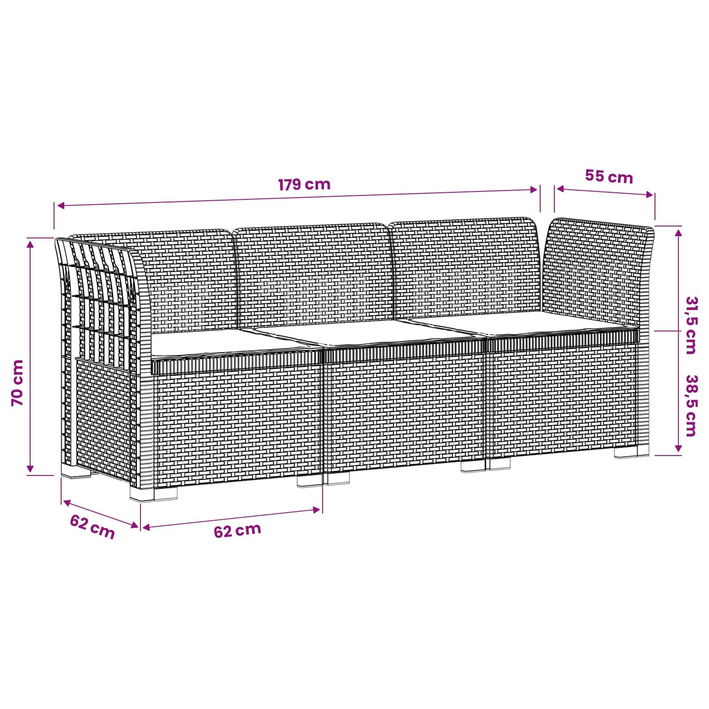 3-Seater Garden Sofa with Cushions Rattan Look PP Anthracite