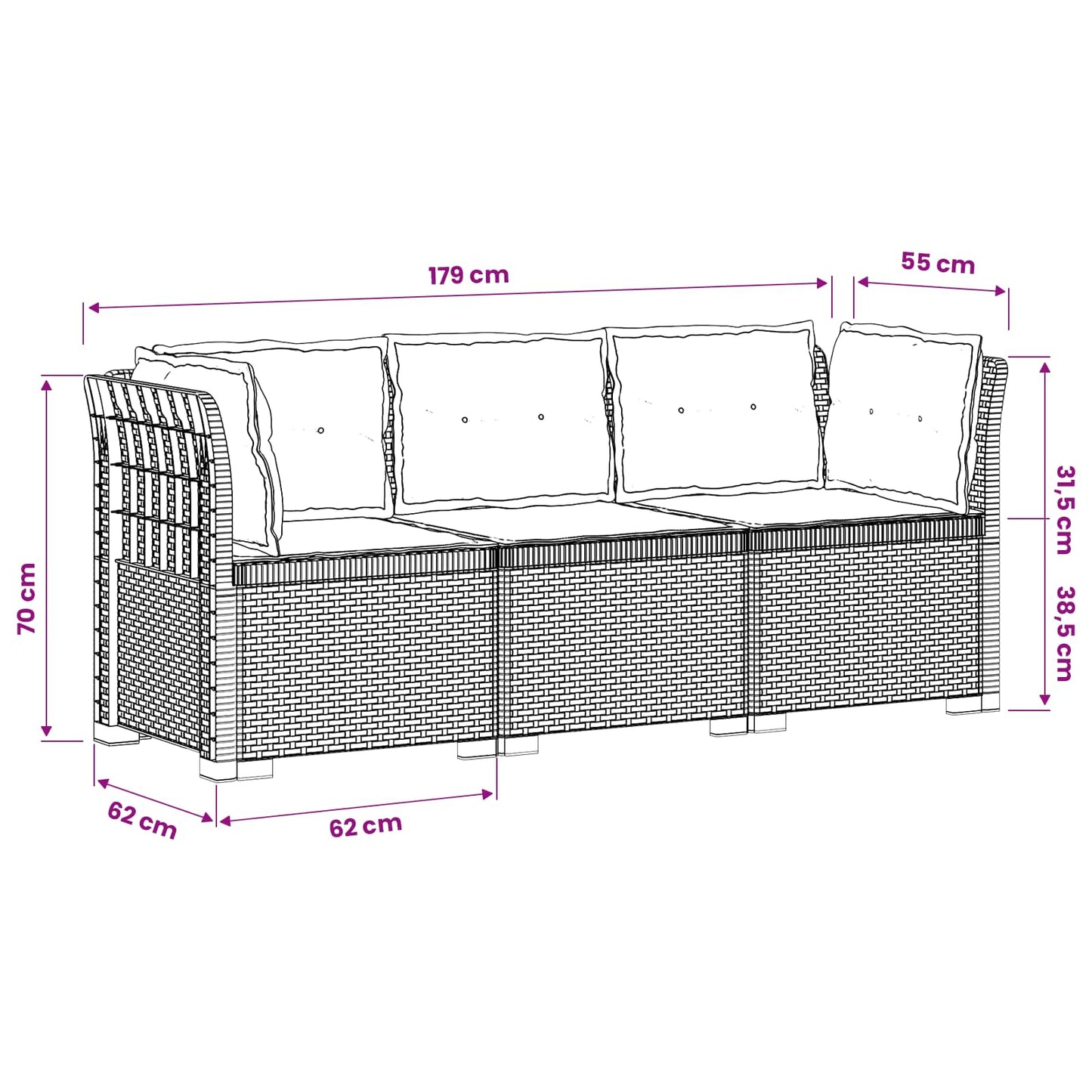 3-Seater Garden Sofa with Cushions Rattan Look PP Light Grey